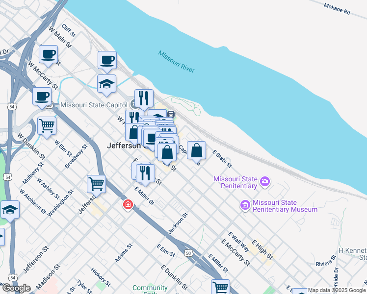 map of restaurants, bars, coffee shops, grocery stores, and more near 217 E Capitol Ave in Jefferson City