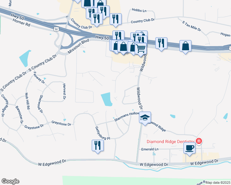 map of restaurants, bars, coffee shops, grocery stores, and more near 3509 Knipp Drive in Jefferson City