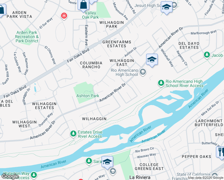 map of restaurants, bars, coffee shops, grocery stores, and more near 4301 American River Drive in Sacramento
