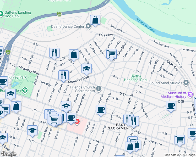 map of restaurants, bars, coffee shops, grocery stores, and more near 3992 McKinley Boulevard in Sacramento