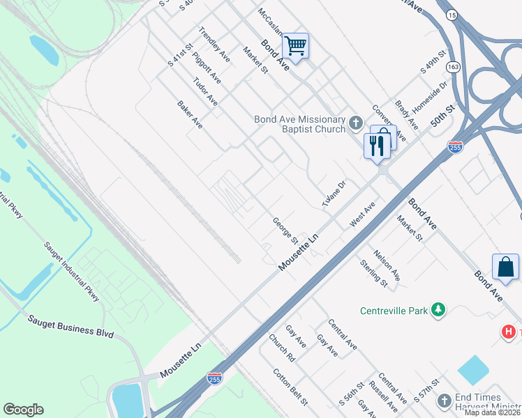 map of restaurants, bars, coffee shops, grocery stores, and more near 733 South 47th Street in East St. Louis