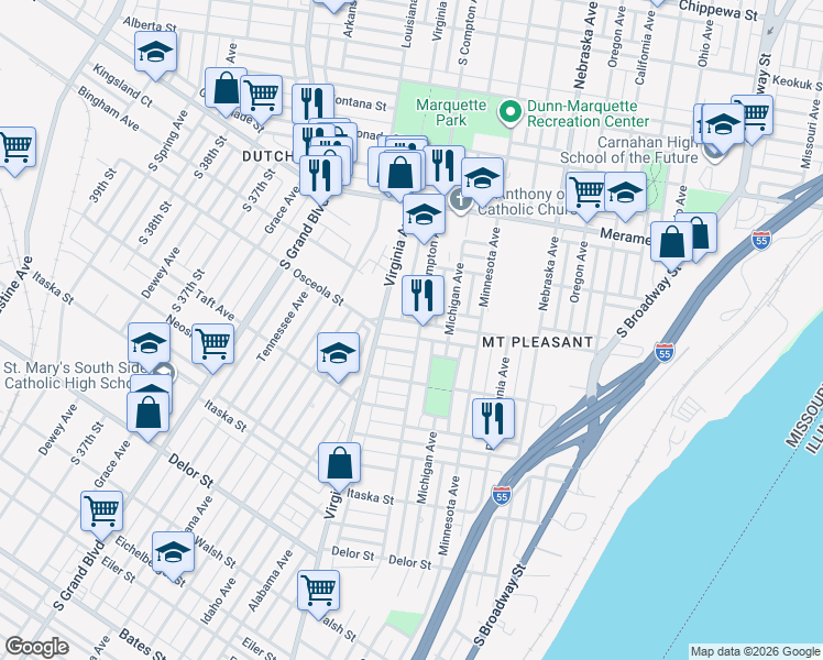 map of restaurants, bars, coffee shops, grocery stores, and more near 3221 Osceola Street in St. Louis