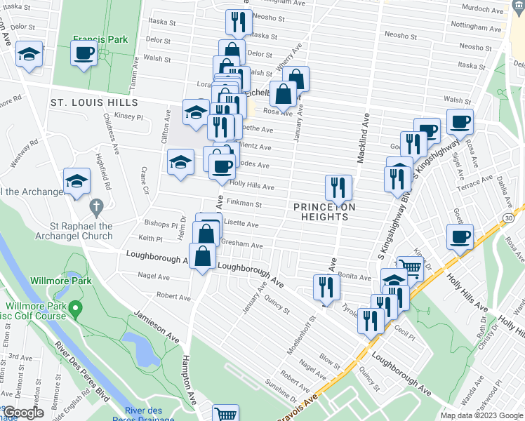 map of restaurants, bars, coffee shops, grocery stores, and more near 5625 Finkman Street in St. Louis