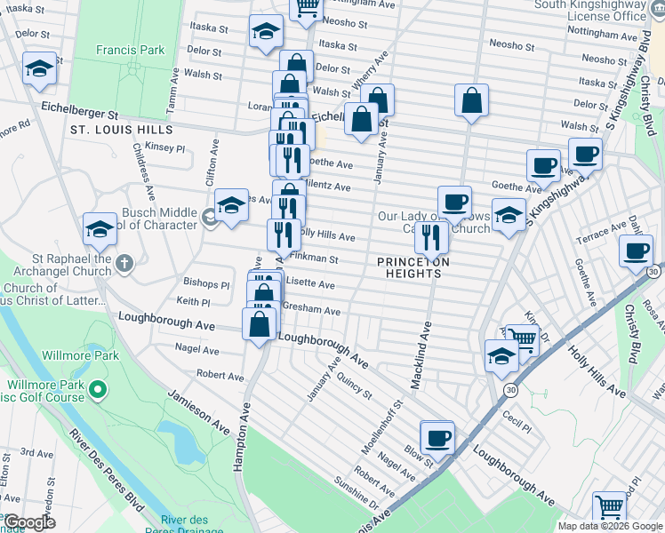 map of restaurants, bars, coffee shops, grocery stores, and more near 5625 Finkman Street in St. Louis