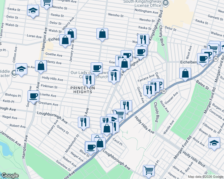 map of restaurants, bars, coffee shops, grocery stores, and more near 5861 South Kings Highway Boulevard in St. Louis