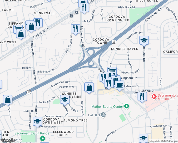 map of restaurants, bars, coffee shops, grocery stores, and more near 10308 Placer Lane in Sacramento