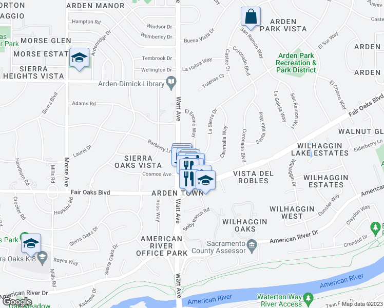 map of restaurants, bars, coffee shops, grocery stores, and more near 671 El Encino Way in Sacramento