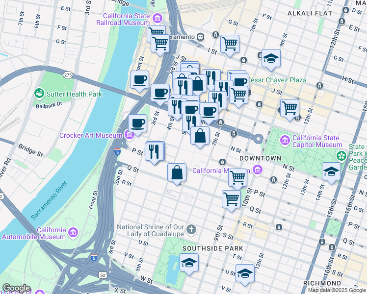 map of restaurants, bars, coffee shops, grocery stores, and more near 1421 5th Street in Sacramento