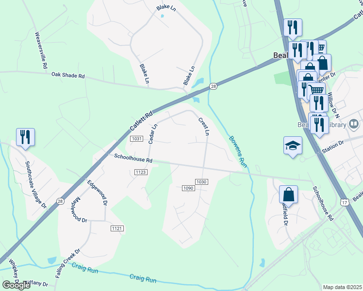 map of restaurants, bars, coffee shops, grocery stores, and more near 6634 Belfrys Court West in Bealeton