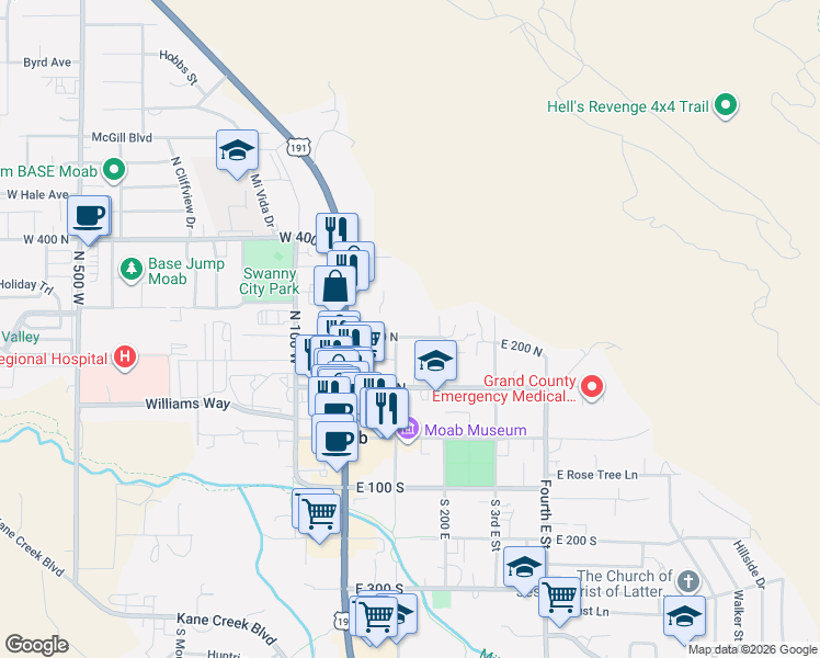 map of restaurants, bars, coffee shops, grocery stores, and more near 125 East 200 North in Moab