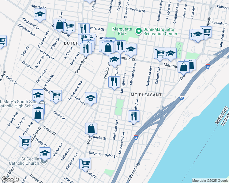map of restaurants, bars, coffee shops, grocery stores, and more near in St. Louis