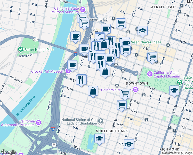 map of restaurants, bars, coffee shops, grocery stores, and more near 500 N Street in Sacramento
