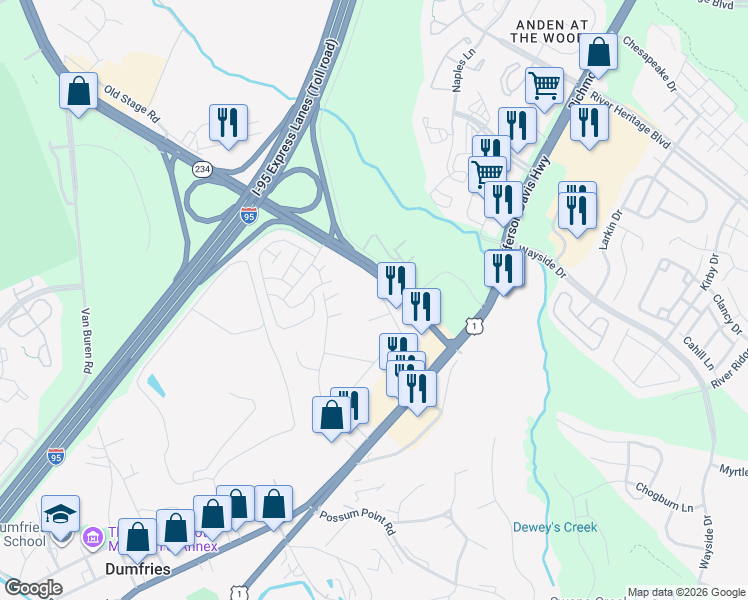 map of restaurants, bars, coffee shops, grocery stores, and more near 17320 Wilson Street in Dumfries