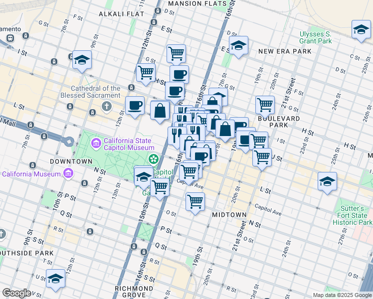 map of restaurants, bars, coffee shops, grocery stores, and more near 1615 K Street in Sacramento