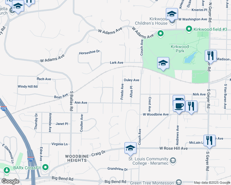 map of restaurants, bars, coffee shops, grocery stores, and more near 324 Nelda Avenue in Kirkwood