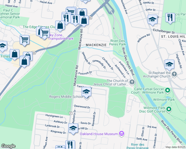 map of restaurants, bars, coffee shops, grocery stores, and more near 7022 Foxcroft Drive in St. Louis