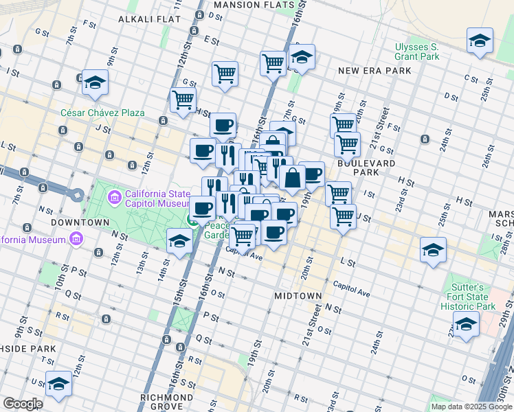 map of restaurants, bars, coffee shops, grocery stores, and more near 17th St & K St in Sacramento