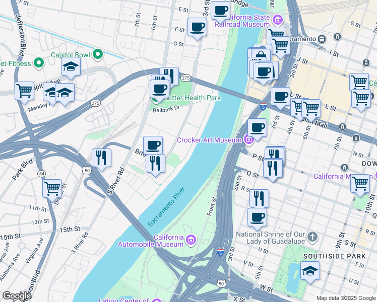map of restaurants, bars, coffee shops, grocery stores, and more near River Walk Trail in West Sacramento