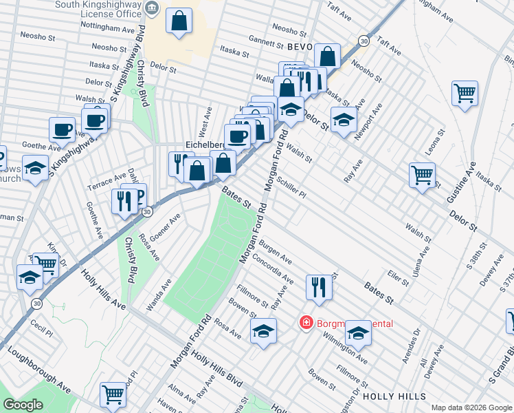 map of restaurants, bars, coffee shops, grocery stores, and more near 4333 Bates Street in St. Louis