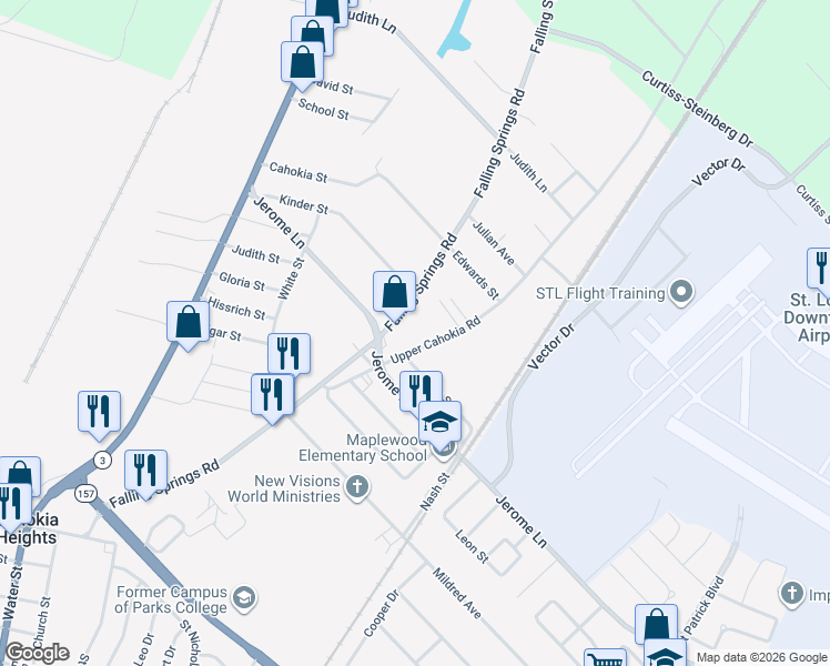 map of restaurants, bars, coffee shops, grocery stores, and more near 3700 Falling Springs Road in Cahokia