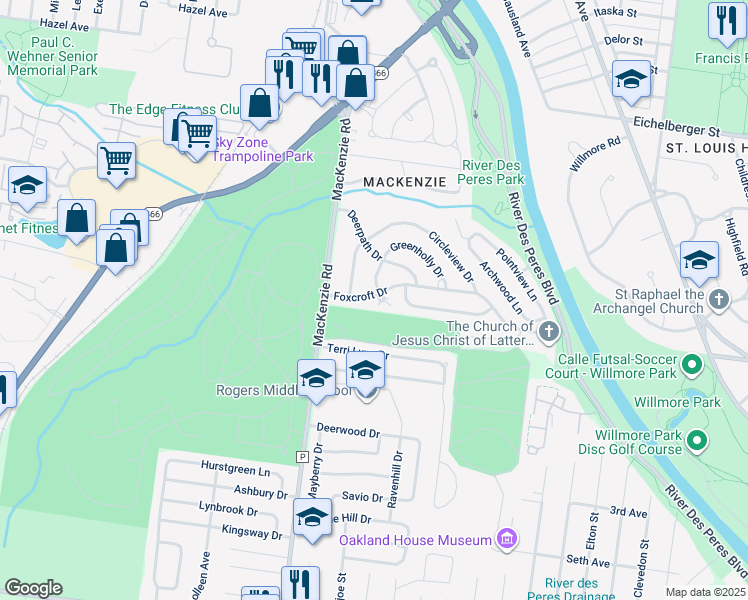 map of restaurants, bars, coffee shops, grocery stores, and more near 7022 Foxcroft Drive in St. Louis