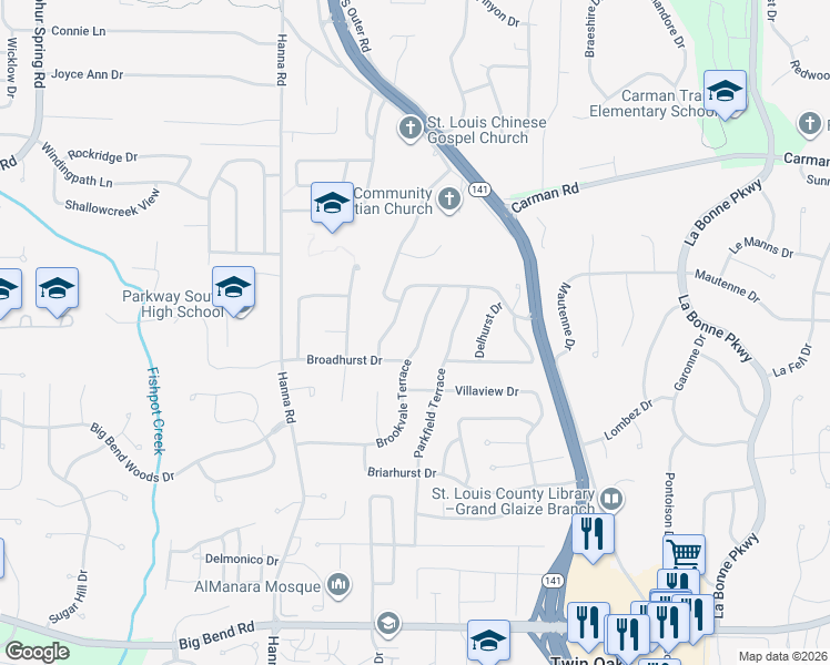 map of restaurants, bars, coffee shops, grocery stores, and more near 813 Brookvale Terrace in Ballwin