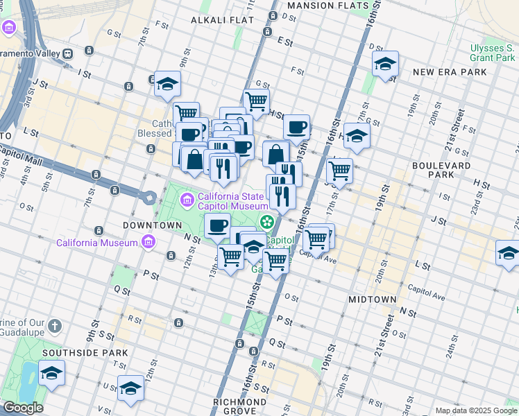 map of restaurants, bars, coffee shops, grocery stores, and more near 1415 L Street in Sacramento