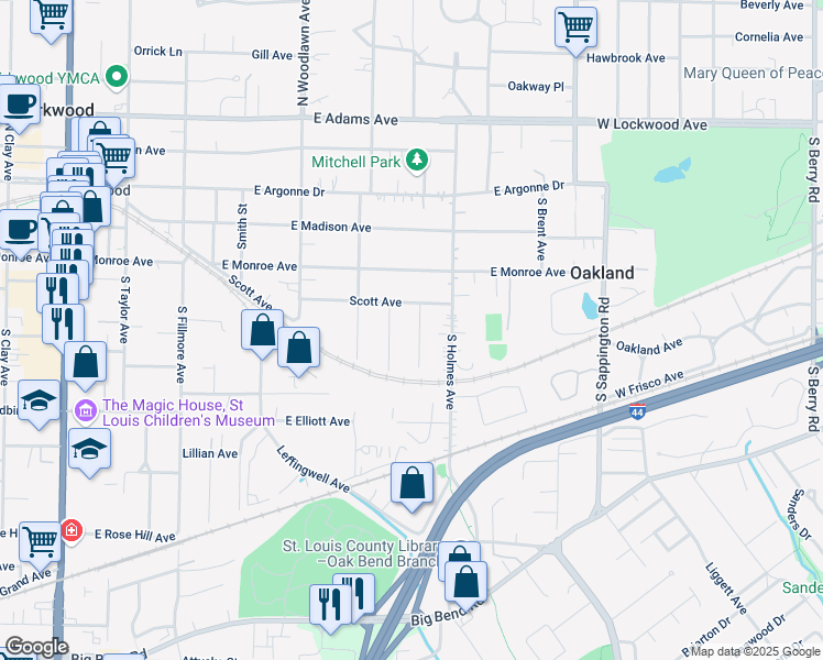 map of restaurants, bars, coffee shops, grocery stores, and more near 413 Alice Avenue in Kirkwood