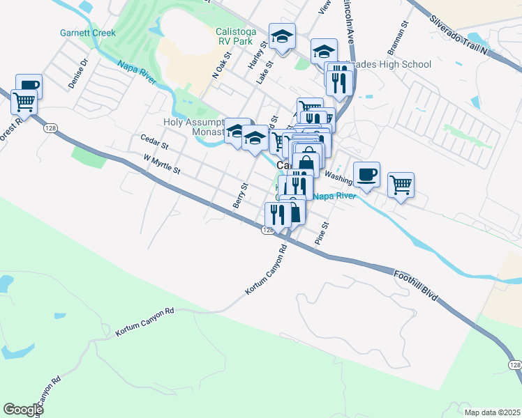 map of restaurants, bars, coffee shops, grocery stores, and more near Myrtle Street in Calistoga