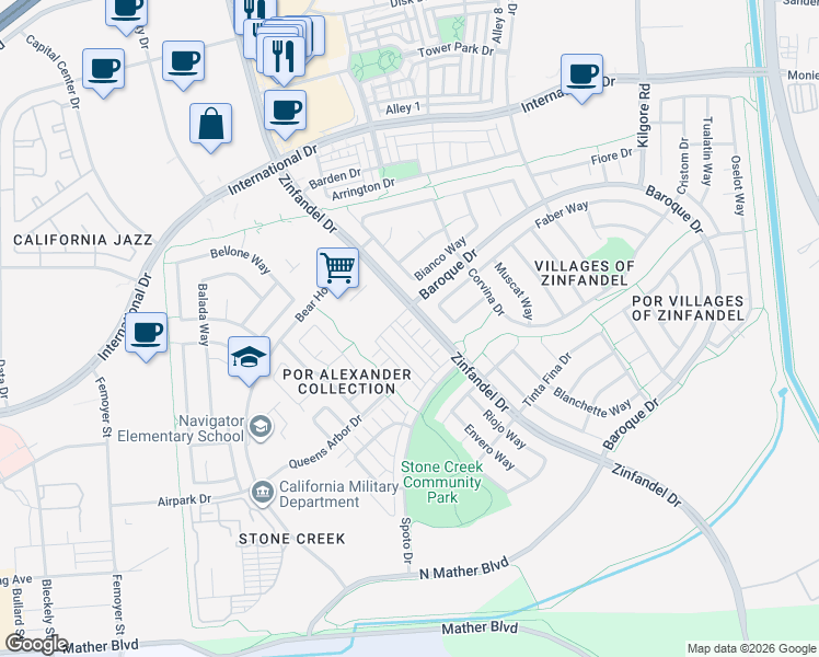 map of restaurants, bars, coffee shops, grocery stores, and more near Zinfandel Drive in Rancho Cordova