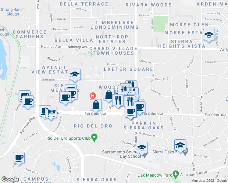 map of restaurants, bars, coffee shops, grocery stores, and more near 544 Woodside Oaks in Sacramento