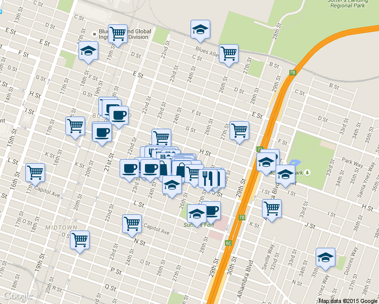 map of restaurants, bars, coffee shops, grocery stores, and more near 2519 H Street in Sacramento
