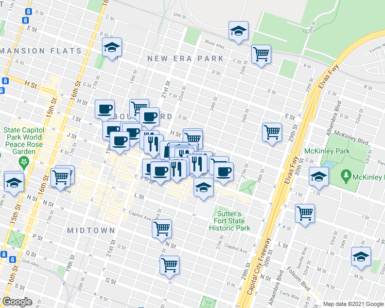 map of restaurants, bars, coffee shops, grocery stores, and more near 2323 I Street in Sacramento
