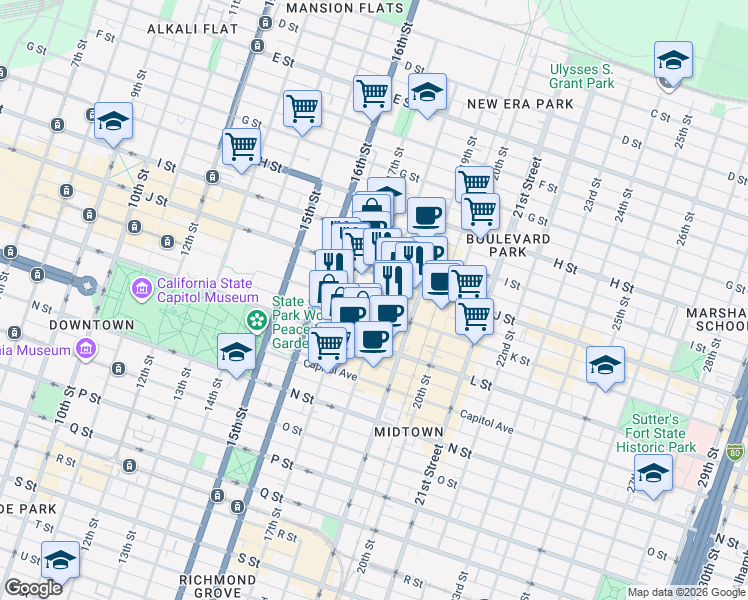 map of restaurants, bars, coffee shops, grocery stores, and more near in Sacramento