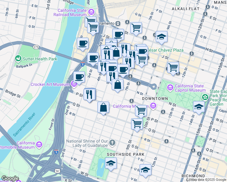 map of restaurants, bars, coffee shops, grocery stores, and more near 1421 5th Street in Sacramento