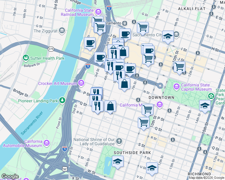 map of restaurants, bars, coffee shops, grocery stores, and more near 427 O Street in Sacramento