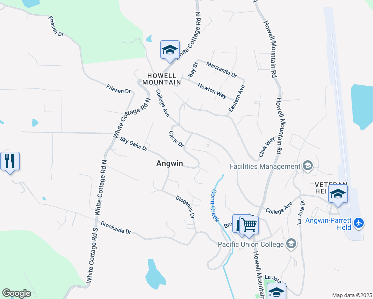 map of restaurants, bars, coffee shops, grocery stores, and more near 75 Sky Oaks Drive in Angwin