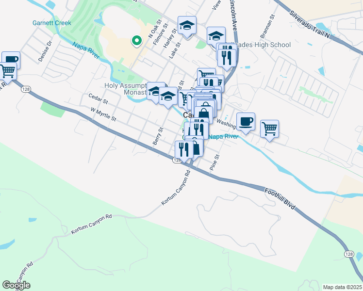 map of restaurants, bars, coffee shops, grocery stores, and more near 1317 Cedar Street in Calistoga