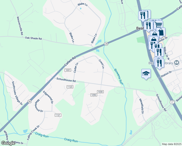 map of restaurants, bars, coffee shops, grocery stores, and more near 6634 Belfrys Court West in Bealeton