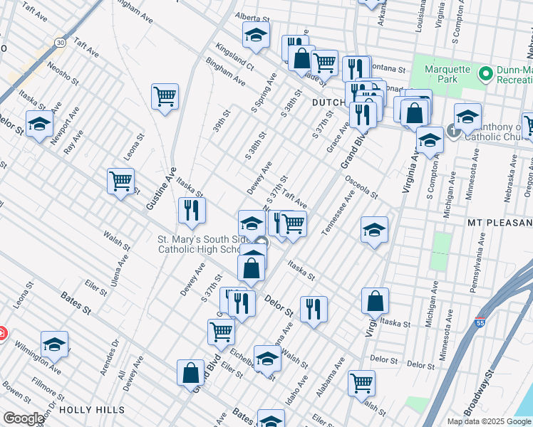 map of restaurants, bars, coffee shops, grocery stores, and more near 3702 Neosho Street in St. Louis