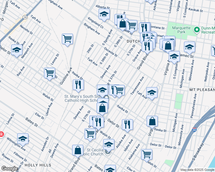 map of restaurants, bars, coffee shops, grocery stores, and more near 3702 Neosho Street in St. Louis