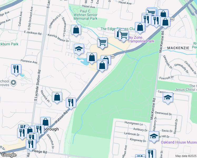 map of restaurants, bars, coffee shops, grocery stores, and more near 7590 Watson Road in St. Louis