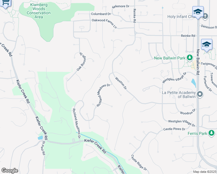 map of restaurants, bars, coffee shops, grocery stores, and more near 1115 Richland Meadows Drive in Ballwin