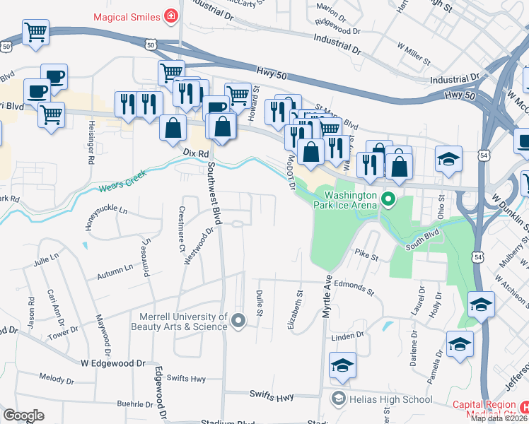map of restaurants, bars, coffee shops, grocery stores, and more near Glenwood Drive in Jefferson City