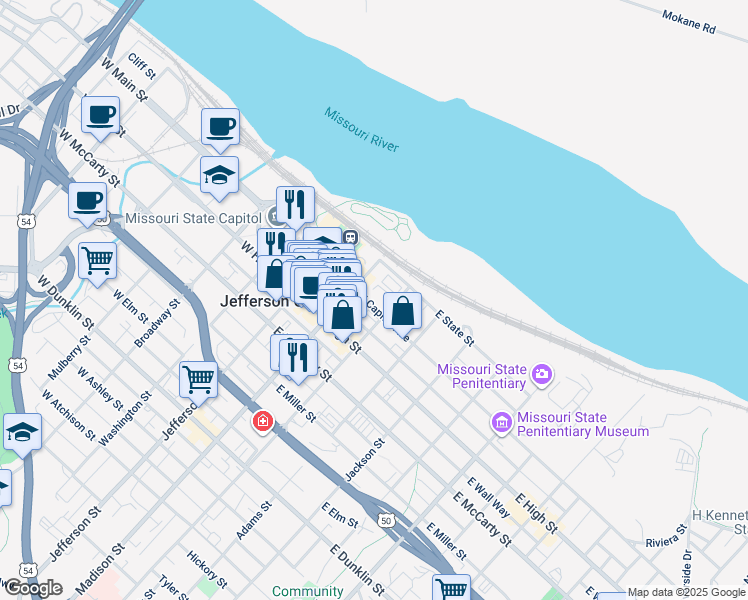 map of restaurants, bars, coffee shops, grocery stores, and more near 217 East Capitol Avenue in Jefferson City