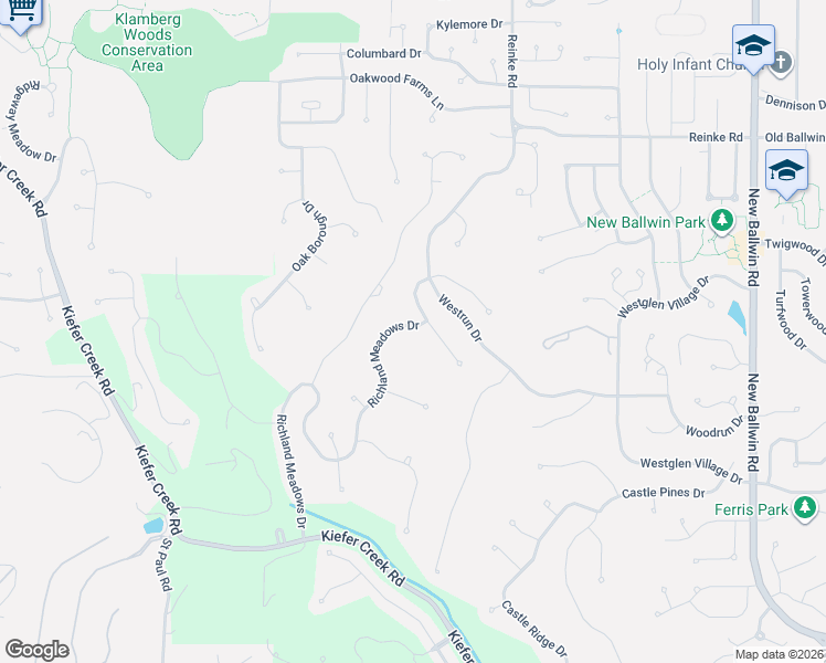 map of restaurants, bars, coffee shops, grocery stores, and more near 1115 Richland Meadows Drive in Ballwin