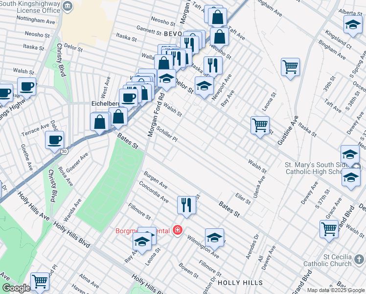 map of restaurants, bars, coffee shops, grocery stores, and more near 4140 Schiller Place in St. Louis