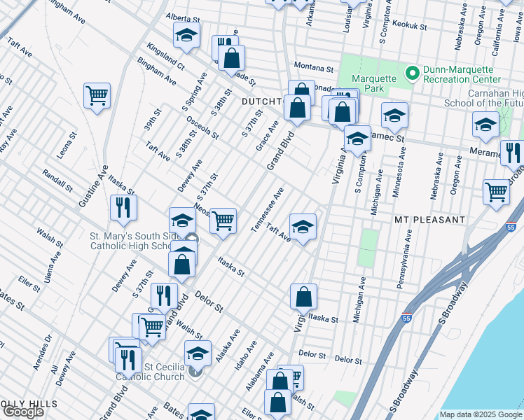 map of restaurants, bars, coffee shops, grocery stores, and more near 4523 Tennessee Avenue in St. Louis