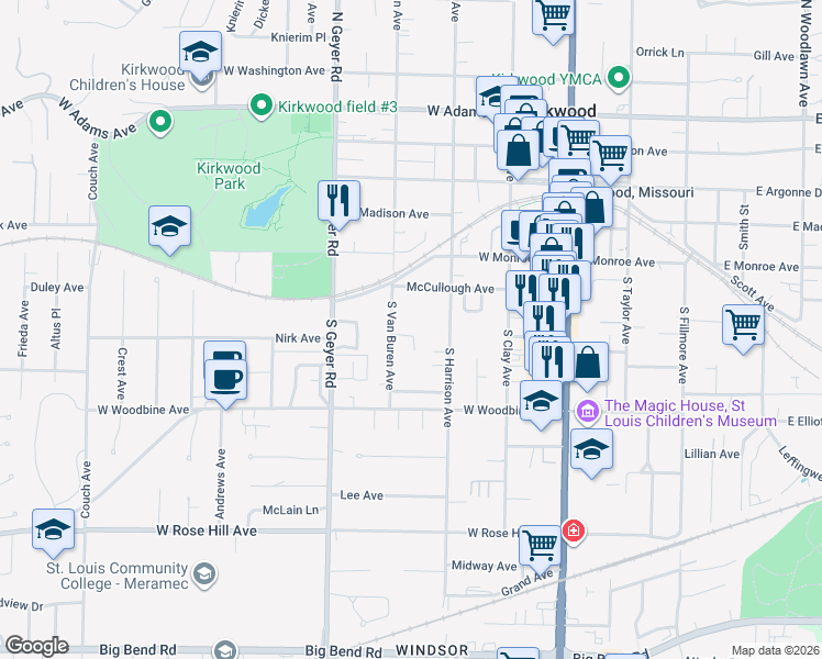 map of restaurants, bars, coffee shops, grocery stores, and more near 331 Barrington Square Estates in Kirkwood
