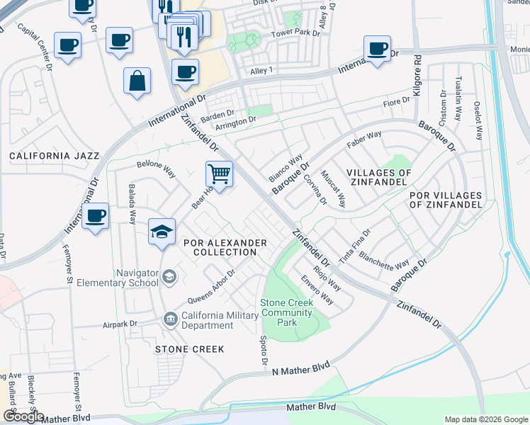 map of restaurants, bars, coffee shops, grocery stores, and more near Zinfandel Drive in Rancho Cordova